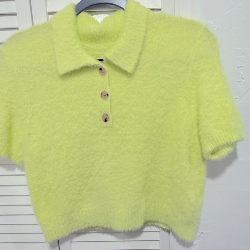 Maeve Anthropologie Lemon Yellow Soft Knit Cropped Polo Sweater